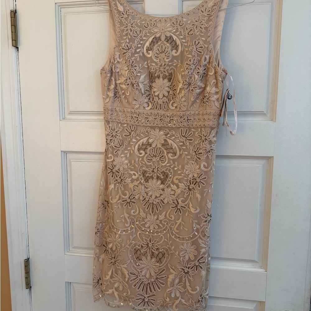 Sue Wong Beige Floral Embroidered Midi Dress
